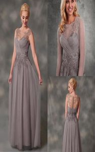 Graceful chiffon silver mother of bride dresses illusion bodice lace full length beach wedding guest groom mom dress with detachab8103266