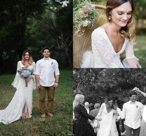 Country Bohemian Wedding Dresses V Neck Sexy Backless Sweep Train Simple Lace Wedding Dress Boho Custom Made Out Size Bridal Gown 2498036