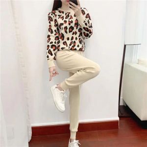 Suits Ladies Twopiece Autumn and Winter New Product Personality Leopard Print Pullover Longsleeved Sweater + Simple Pants Suit