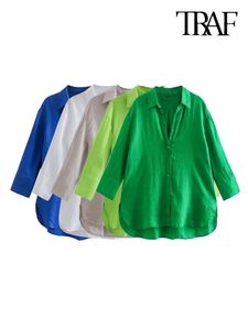 TRAF Женская мода с боковыми разрезами Асимметричные свободные льняные рубашки Винтажные женские блузки с длинными рукавами и пуговицами спереди Шикарные топы 240226