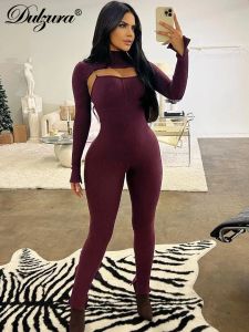 Suits Dulzura Matching Suit Ribbed Solid Jumpsuit Half Turtleneck Crop Top Long Sleeves 2023 Autumn For Women Solid Sexy Co Ords Set