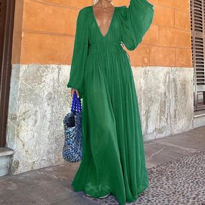 Casual Dresses Sexy Deep V-neck Lace Up Pleated Party Dress Women Spring Solid High Waist Boho Long Autumn Sleeve Hem Maxi