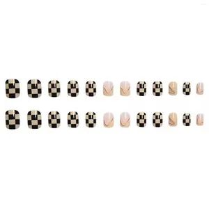 False Nails 24pcs Black Checkered Pattern Short Artificial Ultra-flexible Reusable Long Lasting Fake For Finger Decoration Home