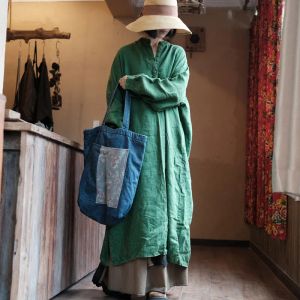 Klänning Johnature Women Vintage Linen Green Dress Stand Lång ärmknapp Solid färg Autumn Robes 2023 Ny Loose Chinese Style Dress