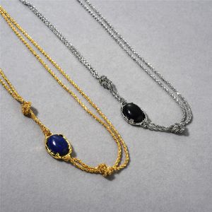 Fashionable and Unique Copper Plated 18k Real Gold Double-layer Collarbone Chain Inlaid with Lapis Lazuli Black Agate Pendant Necklace for Women Free Shipping