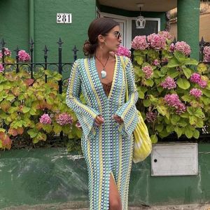Casual Dresses Colorful Striped Women Crochet Knit Long Maxi Party Robe Flared Sleeve V-neck Sexy Club Funky Beach