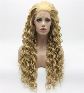 Iwona cabelo encaracolado longo três tons mel loira peruca mistura 186131627hy meia mão amarrada resistente ao calor peruca dianteira do laço sintético2868763