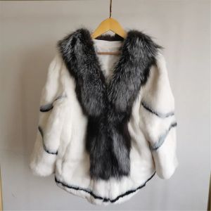 Fur 2024 New Winter Luxury Fur Onepiece Jacket Natural Full Leather Large Silver Fox Fur Collar with Rabbit Fur Coat Women