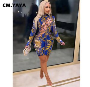 CMYAYA Fall Paisley Floral Print Women Midi Dress Long Sleeve Bodycon Sexy Club Party Pencil Lace Up Hollow Out Mini Dresses7941772