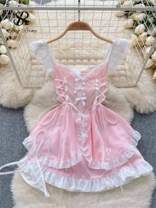 Dress SINGREINY Lace Up Sweet Cosplay Sensual Mini Dress Women Strap Ruffles Porn Nightwear+Thongs 2023 Erotic Sexy Sheer Nightdress