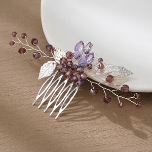 New Bridal Head Comb Wedding Sliver Leaf Purple Rhinestone Crystal Hair Jewelry Wedding