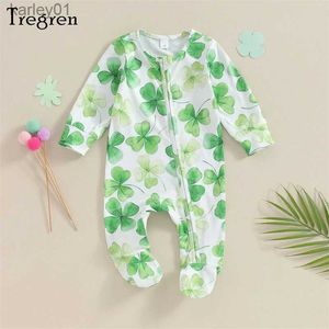 Footies Tregren 0-6M для новорожденных мальчиков и девочек, комбинезоны для девочек, четырехлистный клеверный принт, круглый вырез с длинными рукавами, весенние комбинезоны для младенцев YQ240306