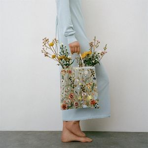 Fashion Tote Bag Summer Style Mesh Full Embroidery Flowers Clear Shoulder Romantic Handbag Womens Eco Shopping 240304