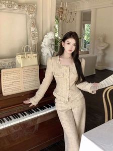 Womens Pants Suits Elegant Two Piece Set Slim Tweed Outfits High Waist Long Trousers square Collar Cropped Coat Female