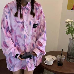 Damenblusen EBAIHUI Punk-Hemd mit Kette Gothic-Damenbluse Tie-Dye Koreanische Übergröße Langarm-Lose Top Freizeitkleidung