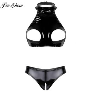 Kvinnor Sexig bar Chested Lingerie Set Patent Leather Underwear Suit Open Cups Bh Tops med Crotchless Briefs Nightwear Clubwear 240305