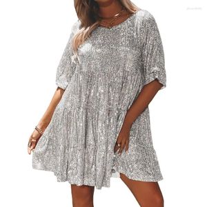 Casual Dresses Wpnaks Women Sequined Evening Party Summer Clothes Round Neck Kort ärmar Solid Color Dress Sexig klubb