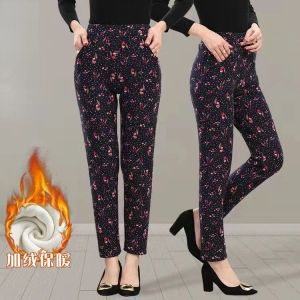 Capris 80kg wear outono inverno meia idade mulheres grossas leggings de veludo feminino mãe alta elástica impressão flor calças quentes a51