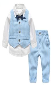 Primavera outono bebê menino cavalheiro terno camisa branca com laço listrado colete calças 3 pçs formal crianças roupas set6756287