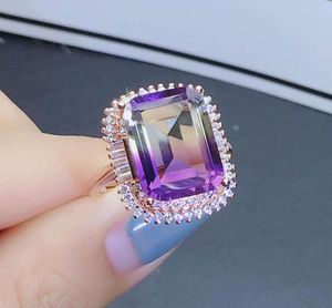 Luxury square purple crystal amethyst citrine gemstones diamonds rings for women rose gold tone jewelry bijoux bague party gifts8902568