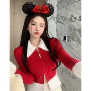 Cardigans Fur Collar Sweter Sweter Kobiety Faux Fur Y2K Crop Tops Elegancka moda na zamek błyskawiczny Koreański popularny styl czerwony różowy czarny