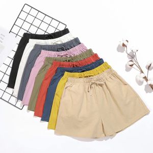 Shorts kvinnor shorts sommar 2023 lös linne bomull casual khaki koreansk bred ben byxa kvinnliga dragkammare elastiska midja cyklister shorts