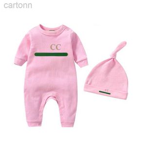 Footies in stock 100 ٪ Cotton Newborn Kids Rompers Hat Baby Boys Girls Massioner Print Pritture Bemsuit Hat قبعة 2 قطعة مع مربع G0018 240306