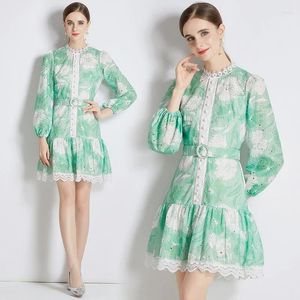 Casual Dresses Green Fresh Color Floral Young Women Occident Leisure Vestidos Glam Above Knee Legth Lace Up Embriodery Bodycon Tunic