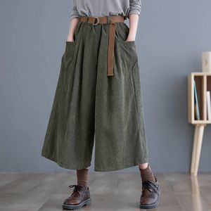 Korea Style Corduroy Vintage Autumn Winter Pants High Waist Loose Women Casual Wide Leg Spring Capris With Belt 240306