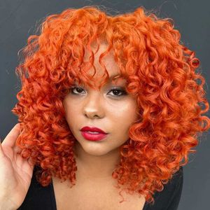 ヘアウィッグオレンジショートカーリーボブ人間のヘアウィッグバンズガラス化されたフルマシンメイドウィッグ女性用レミーヘアウィッグ240306のためのオレンジ色のかつら