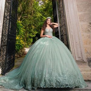 Sparkly Light Green Quinceanera Dresses Ball Off the Shoulder Applique Lace Tulle Prom Dress Party Gowns For 16 Sweet Girls vestidos de 15