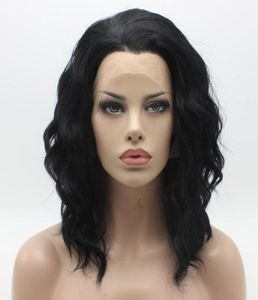 Iwona cabelo natural ondulado médio longo jet peruca preta 171 meia mão amarrada resistente ao calor peruca dianteira do laço sintético5922021