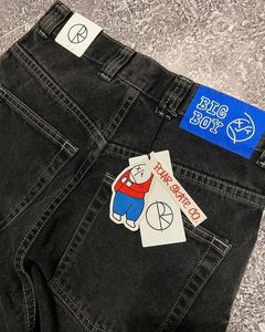Polar grande menino branco jeans hip hop desenhos animados gráfico bordado baggy y2k masculino harajuku cintura alta calças largas 240227
