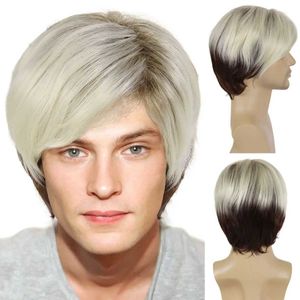 Haarperücken, synthetisches Platinblond, Ombre-Braun für Männer, kurze Perücke mit Pony, Cosplay, Halloween, Party, Herren, natürlich, 240306