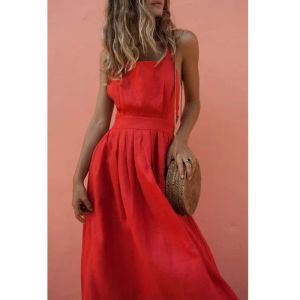 Sukienka 2022 Summer Sexy sukienka pusta damska backless krzyż sznurka na plażę sukienki Pasek Czerwony Vintage Sundress Women Boho Femme Robe