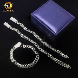 Zuanfa VVS Moissanite Diamond Clasp 8mm Bred Solid Silver Cuban Chain White Gold Plated Mens Hip Hop Fashion Halsband Armband