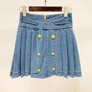 2024 SKIRTS STAR Fashion Botão de leão duplo plissado 100 saia jeans lavada