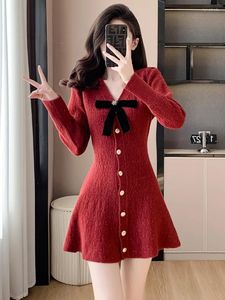 Casual Dresses Year Sweet Girls Cute Knitted Short Dress Women Long Sleeve V Neck Buttons Bowknot Party Dinner Harajuku Mini Vestidos