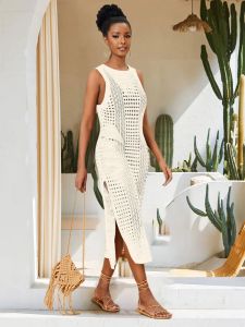 Cover-up White virkning Mesh Sleeveless Slit Wrap Beach Dress 2023 Summer Woman Sexy Hollow Out Knitted Beachwear Swimsuit Coverups Q1513