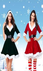 MS Santa Yetişkin Kadınlar Noel Kostüm Yarım Kollu Kapşonlu Vneck Ball Roole Aline Mini Elbise Beyaz bulanık Trim Kemer Seti COSP9680516