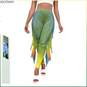 Capris iootiany euro americano novo quadril levantamento pés calças femininas sereia cauda escala peixe fin impresso moletom 2023