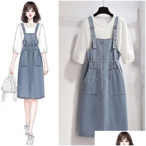 Basic Casual Dresses Oc829M57 Denim Strap Skirt Womens Spring/Summer Dress Two Piece Set For High Waisted Top Luxury Customization Dhpfr