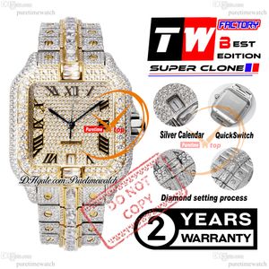 40 مم XL مخصص مخصص الماس A2824 رجال أوتوماتيكي مشاهدة TWF نغمة صفراء الذهب الذهب قطع الماس الروماني روماني Iced Out Steel Bracelet Super Edition