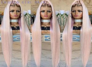 Ombre Long Straight Wigs Synthetic Light Pink Lace Front Wigs For Women Hair With Brown Roots Heat Resistant Fiber Wig9569395