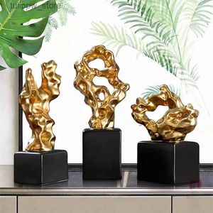 Decorative Objects Figurines European Luxury Gold-plated Coral Ceramic Ornaments Abstract Irregular Taihu Stone Handicrafts Book File Gift Home Decoration