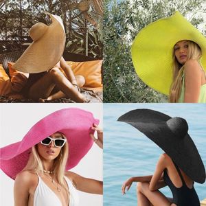 Chapéus de aba larga 70 cm Sol de grandes dimensões Large UV Protection para viagens de férias de férias chapéu de palha feminino full bloppy fedoraswi150q