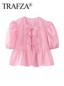 Koszulka Trafza Women Sweet Plistes Puff Sleeve Łuk Związany koronkowy w górę Smock Bluzka Office Biuro Koszula Chic Chemise Blusas Tops