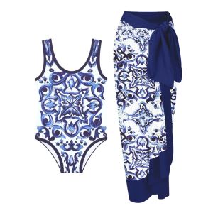 Badkläder blå tryck bred rem en bit baddräkt smal rund hals rygglös monokini sexig chiffon strandklänning täcker mode 2022 sommar