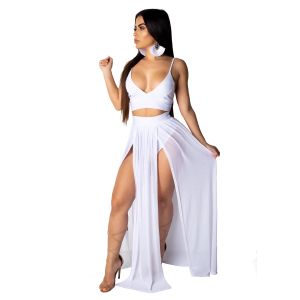 Cover-up DEARIRIS Women Sexy 2 Piece Outfits Dress Chiffon Strap Deep V Neck Bra Crop Top High Split Maxi Dresses Skirt Set