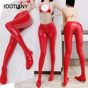 Capris Pants Faux Leather Leggings Gothic Sexy Zipper Open Crotch Pencil Hot Pants Female Glossy Pantyhose Capris Club Dance Wear